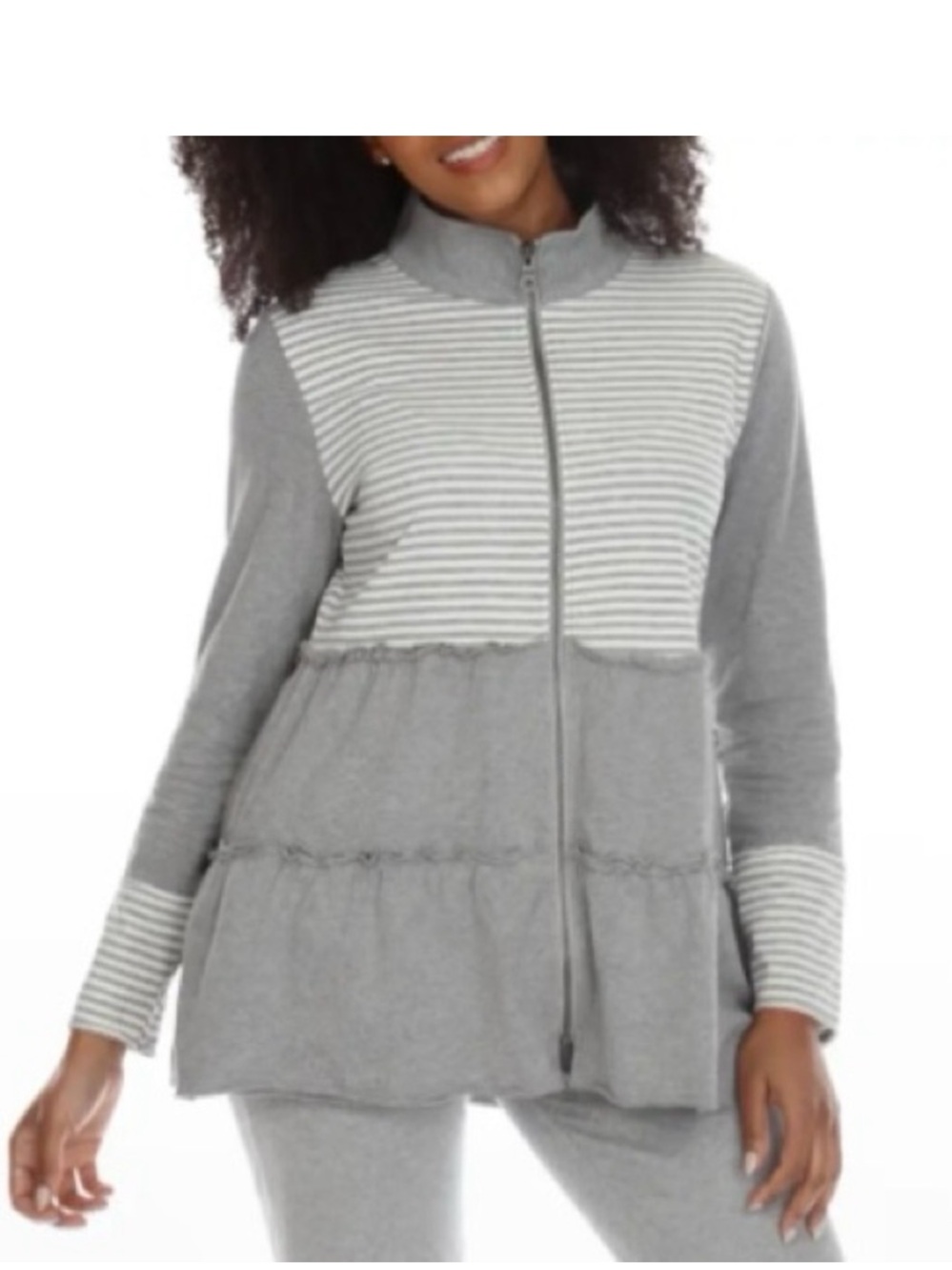 Neon Buddha Front Row Tiered Jacket Women’s Size M Zip Front Stripe Knit Sporty
